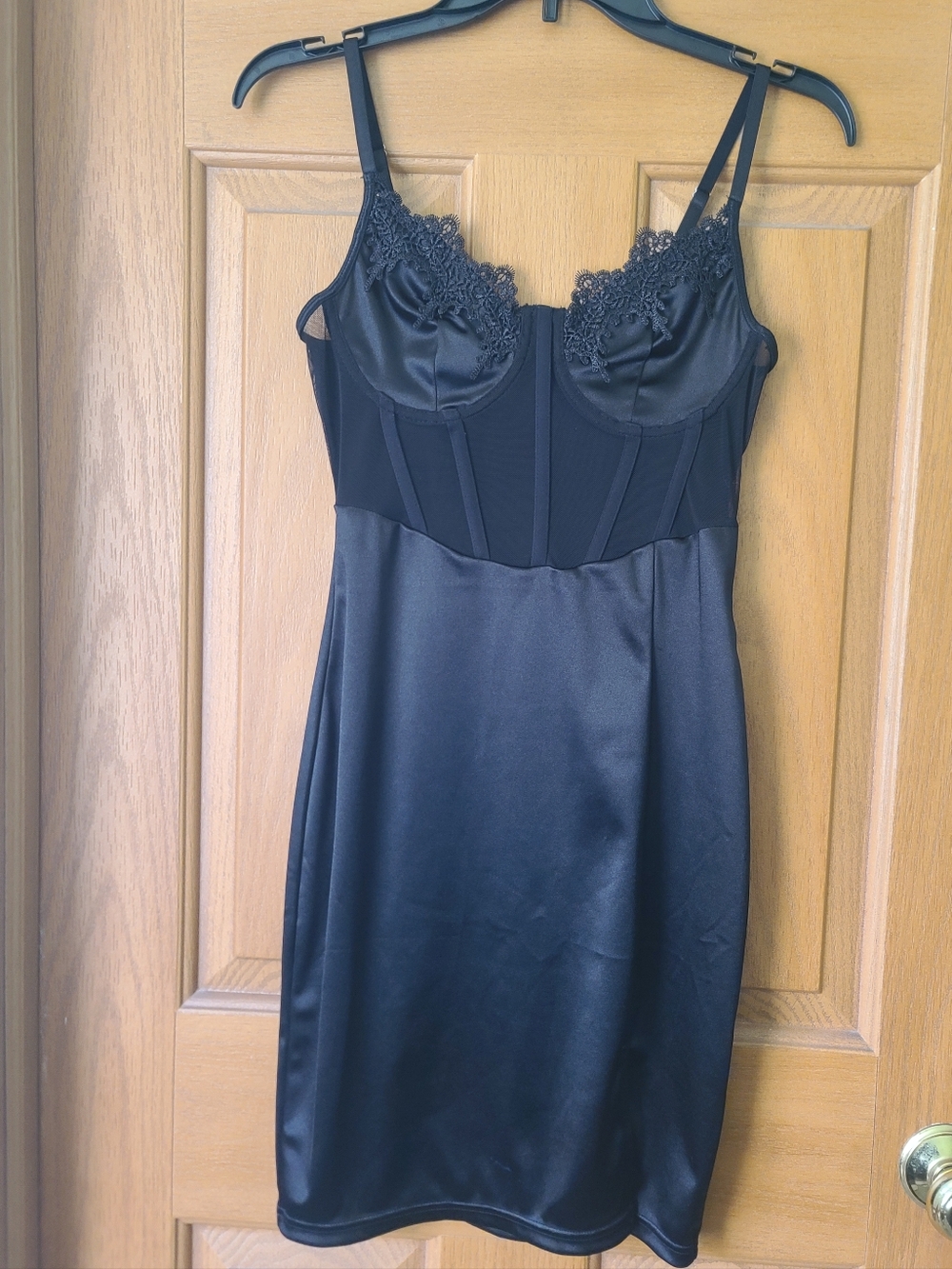 Black Lace-Trim Satin With Contrast Mesh Slip Dress